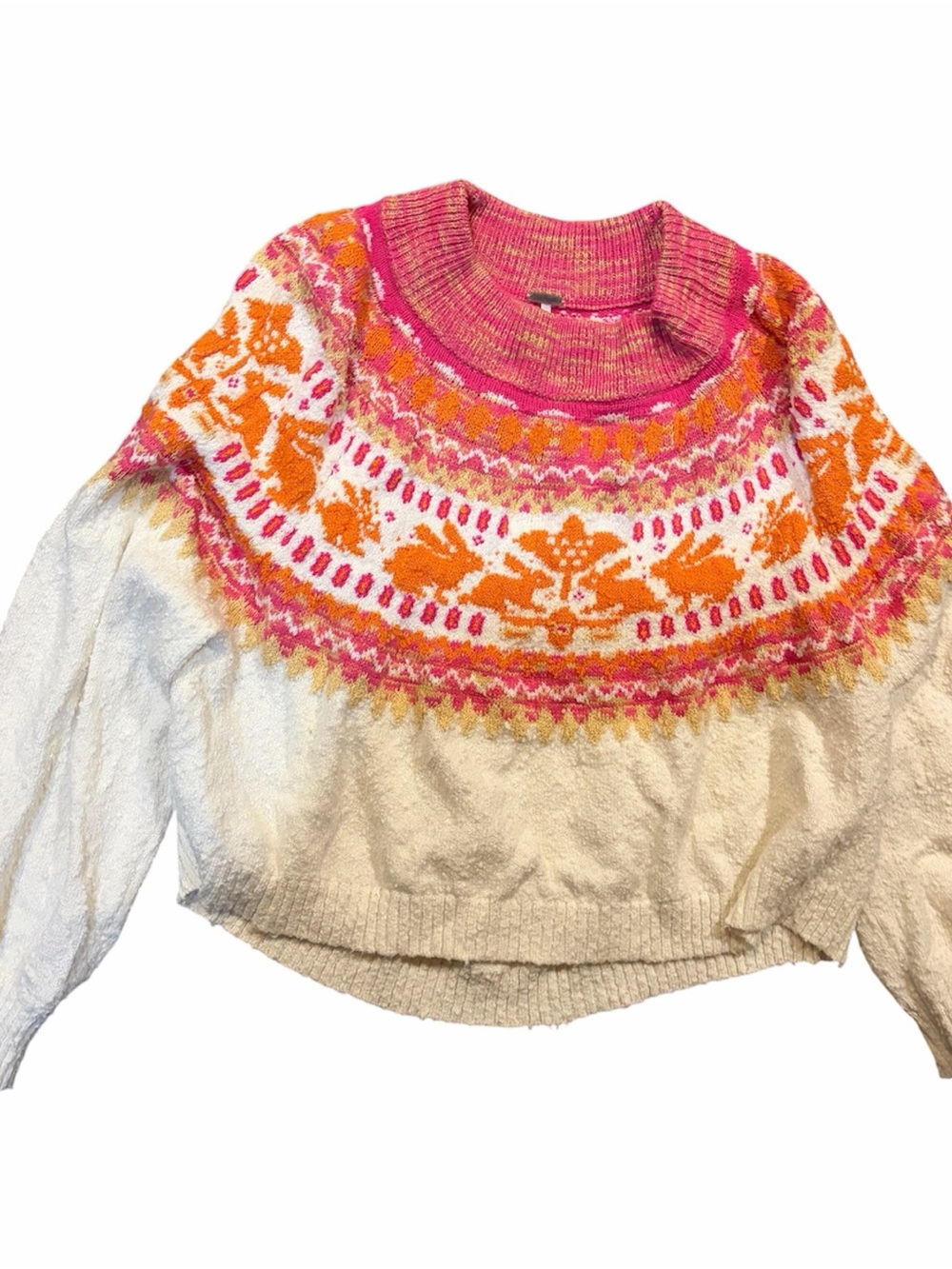 Free People Rabbit Fair Isle Knit Pullover Sweater Pink & Orange Size S Small